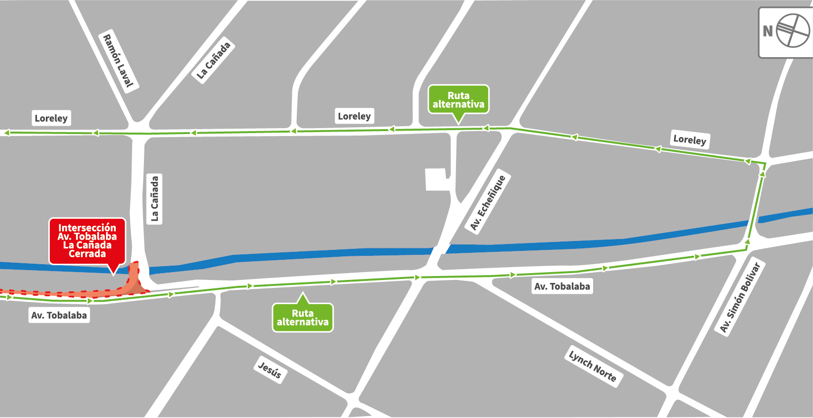Cierre intersección de calle La Cañada con Av. Tobalaba